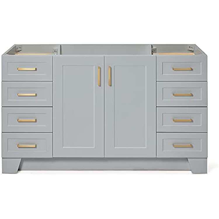 DKB Emilia 60-Inch Grey Single Bathroom Vanity Base Cabinet, Solid Wood Frame, 2 Soft Closing Doors, 9 Dovetail Drawers, Toe Kick, Satin Brass Hardware, No Top or Sink