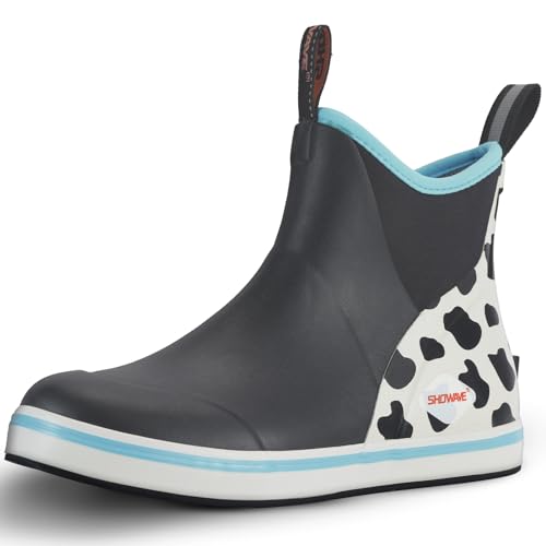 Showave Womens Deck Boots Waterproof Ankle Rain Footwear Non-Slip Rubber Boots for Boating Fishing Gardening Farming