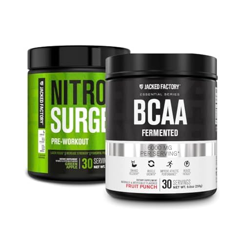 Jacked Factory Nitrosurge Pre-Workout in Green Apple & BCAA in Fruit Punch for Muscle Building and Recovery