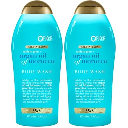 OGX Radiant Glow  Argan Oil of Morocco Extra Hydrating Body Wash for Dry Skin, Moisturizing Gel Body Cleanser for Silky Soft Skin, Paraben-Free, Sulfate-Free Surfactants, 19.5 fl oz Pack of 2