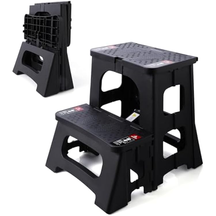 Folding 2-Step Stool - Upgraded Stable A-Frame, Safety Lock, Anti-Slip Rubber Feet, 300lb Capacity, No Assembly - 8 17 Step Stools for Kitchen, Bathroom, Bed, RV, Home, Office Black