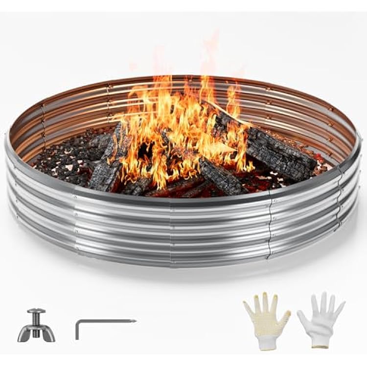 Mr IRONSTONE Outdoor Fire Pit Galvanized Fire Pit Ring, Foldable OutdoorCampingGatherings 5 FT Diameter Fire Pit for YardGardenParkBeach, 60 Inches Fire Ring Pit, Silver