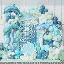 Under the Sea Party Decorations, 154pcs Slate Blue Mist Green Balloon Garland Arch Kit, Bubble Balloons with Dolphin Shark Hippocampus Foil Balloon for Ocean Birthday Party Supplies Shark Party Decor