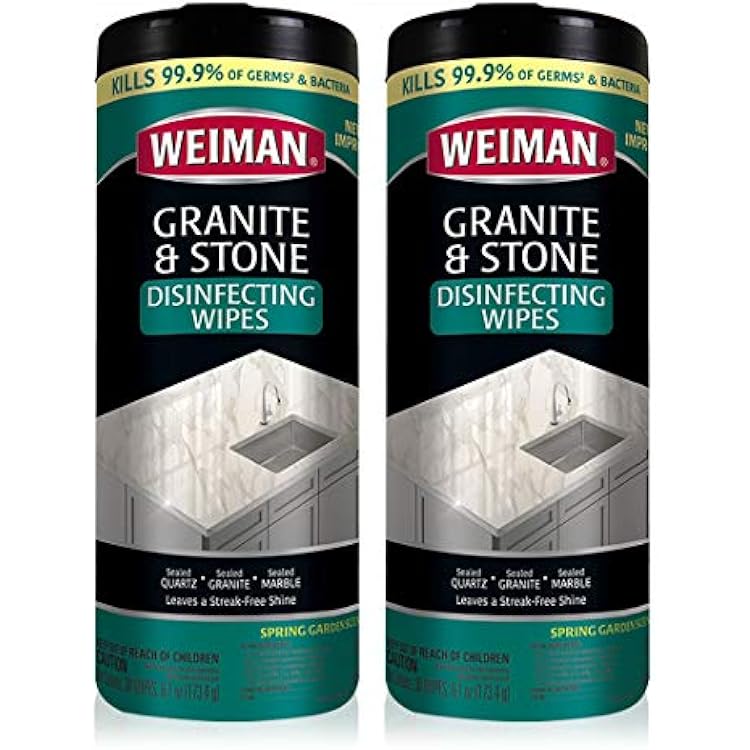 Weiman Granite Disinfectant Wipes - 30 Wipes - 2 Pack - Disinfect Clean and Shine Sealed Granite Marble Quartz Slate Limestone Soapstone Tile Countertops - Packaging May Vary