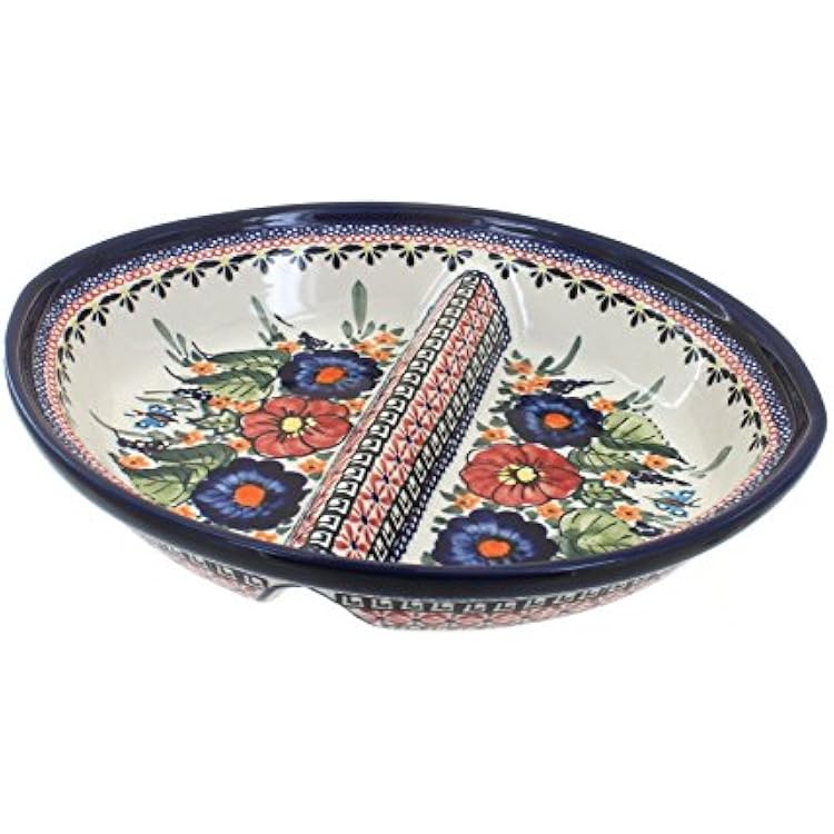 Blue Rose Polish Pottery - Red Floral Butterfly Large Divided Dish - 10 Long - Unique Dish for Appetizers, Nuts, or Candy