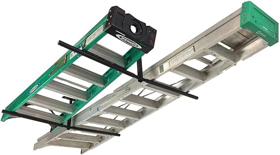 StoreYourBoard Adjustable Overhead Ladder Rack Garage Organizer Ladder Shelf for Step & Extension Ladders - Storage Racks and Shelving for Garage Organization - Ceiling Mounted - Holds 150 lbs