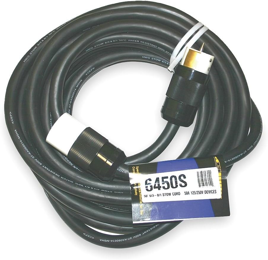 CEP Construction Electrical Products 6450S 50-Feet Black Rubber Alloy Temporary Power Cord with 50-Amp Plug Ends