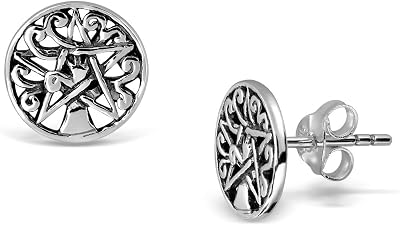 WithLoveSilver 925 Sterling Silver 10mm Round Pentagram Pentacle Star Tree of Life Stud Earrings
