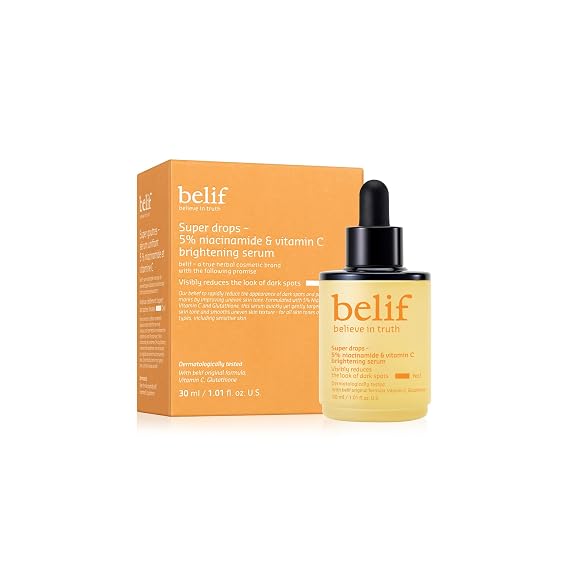belif Niacinamide 5% & Vitamin C Super Drops Serum Radiance-Boosting Serum for Uneven Skin Tone with AHA & Glutathione, Redness & Improve Post-Blemish Marks, Korean Skincare, 1.01 fl oz