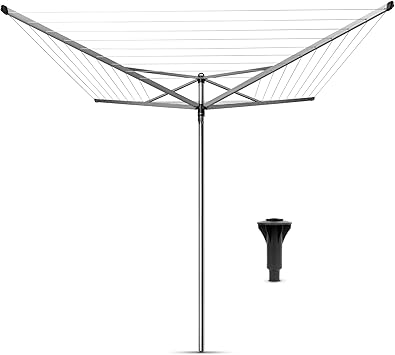 Brabantia Topspinner Outdoor 4 Arm Spinning Clothesline 131 ft/ 1.8" Rotating, Folding Clothes Drying Rack + Concrete Ground Tube Gray