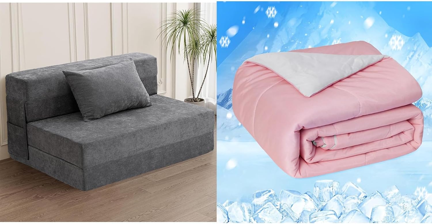 HOMFINE Folding Sofa Bed and Cooling Comforter Japanese Double Pink
