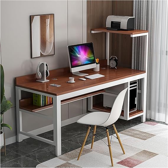 Modern Computer Table with Storage Shelves Study and Gaming Desk Large Office Desk Stand up Desks Executive Desks with Printer Space Business Furniture for Home Office(3,100cm/39.37in)