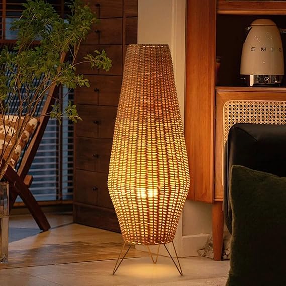 Bofea-Boho Floor Lamp for Living Room,Retro Standing Lamps with Rattan Lamp Shade,Farmhouse Standing Light with Foot Switch,Hand-Woven Bamboo Floor Lamps for Bedroom Kids Room Home Decor