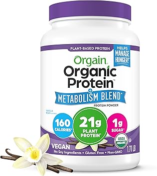 Orgain Organic Protein + Metabolism Blend Powder, Vanilla Bean - 21g Plant Protein, 5g Prebiotic Fiber, No Lactose Ingredients, Low Sugar, Non-GMO, for Shakes & Smoothies, 1.71 lb