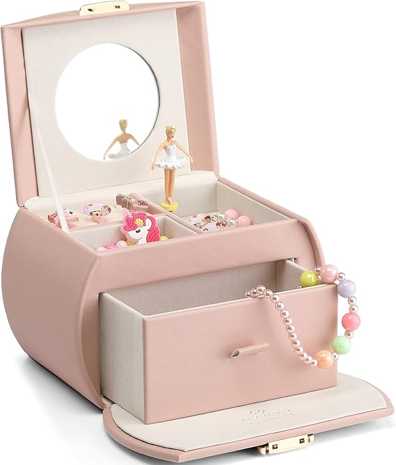 VLANDO Kids Musical Jewelry Box for Girls with Drawer, Music Box with Ballerina and Stickers for Birthday Bedroom Decor, Valentines Day Gifts for Daughter Girls Kids - Pink