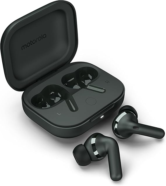 Motorola Moto Buds+ Headphones with Sound by Bose, Dual Dynamic Drivers and Optimal Resolution Sound, Dolby Head Tracking and Dolby Atmos, Dynamic Active Noise Cancellation - Black
