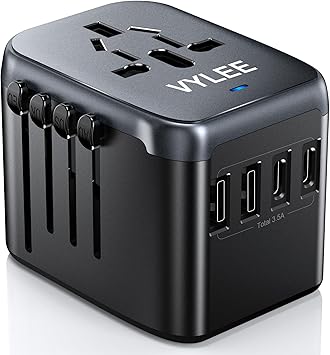 VYLEE Universal Travel Adapter, 5 in 1 International Power Adapter with 3.5A 2xUSB-A & 2xUSB-C Ports, Travel Plug Adapter Worldwide for Europe USA UK AUS Travel Essentials Black Grey