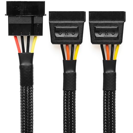 CRJ 4-Pin Molex to Dual 15-Pin SATA Power Adapter Cable - 12-inch (30cm), Black Sleeved - Power Two SATA Hard Drives and SSDs from a 4-Pin Peripheral Molex ATX Power Supply Connection