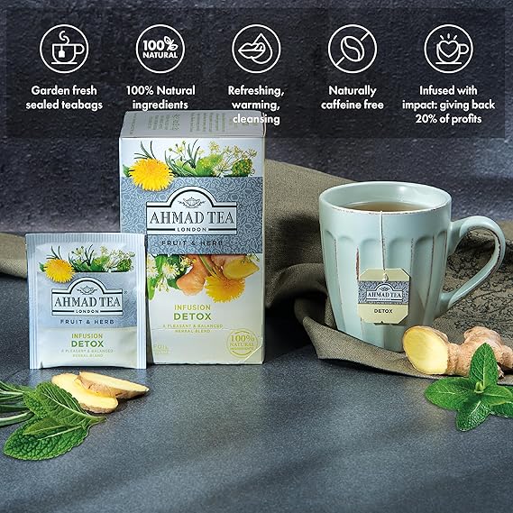 Ahmad Tea Herbal Tea, Ginger, Peppermint, Fennel, Dandelion, Birch 'Detox' Teabags, 20 ct (Pack of 1) - Decaffeinated & Sugar-Free